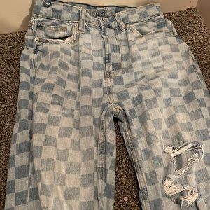 Distressed checkered jeans